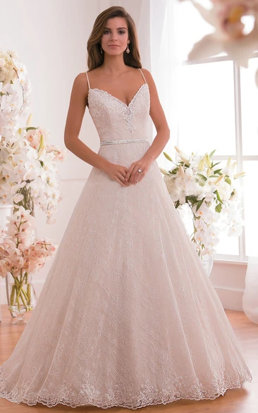 Sleeveless A-Line Gown With Spaghetti Straps And Sequined Waist