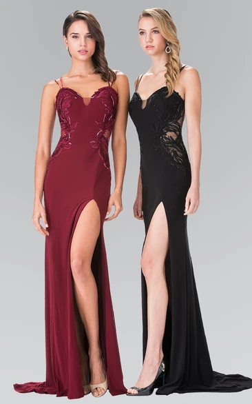 Sheath Spaghetti Jersey Deep-V Back Dress With Split Front And Embroidery