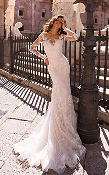 Bohemian Lace Mermaid Wedding Dress with Illusion Sleeves Romantic Beach Style
