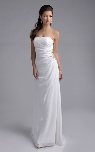 Strapless Sheath Chiffon Wedding Dress With Side Draping And Crystal Brooch