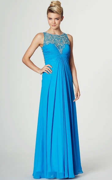 Ruched Sleeveless Scoop Neck Chiffon Prom Dress With Pleats And Beading