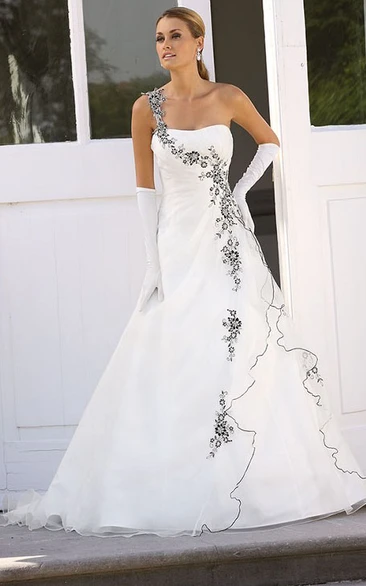 A-Line Draped Off-The-Shoulder Satin&Tulle Wedding Dress With Zipper