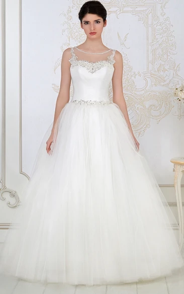 Ball Gown Floor-Length Beaded Sleeveless Scoop-Neck Tulle Wedding Dress With Criss Cross