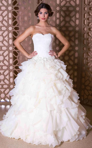 Ball Gown Strapless Jeweled Organza Wedding Dress With Cascading Ruffles And Lace