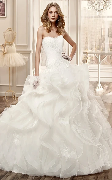 Strapless Long Wedding Dress With Cascading Ruffles and Low Back 