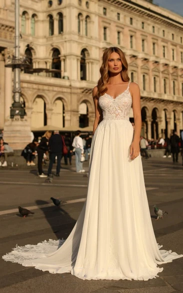 A-Line Spaghetti Tulle Keyhole Natural Wedding Dress with V-neck Sweep Train