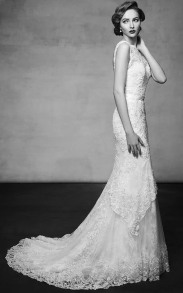 Scoop Long Appliqued Lace Wedding Dress With Peplum