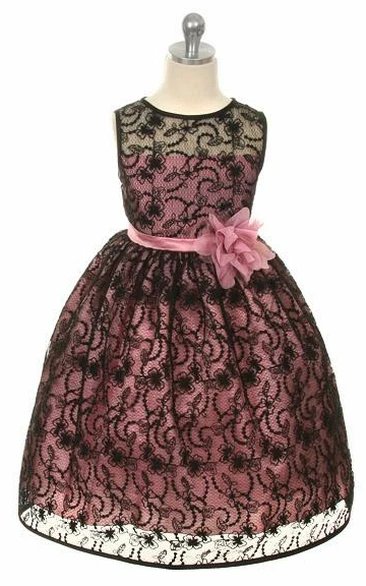 Tea-Length Illusion Tiered Lace&Satin Flower Girl Dress