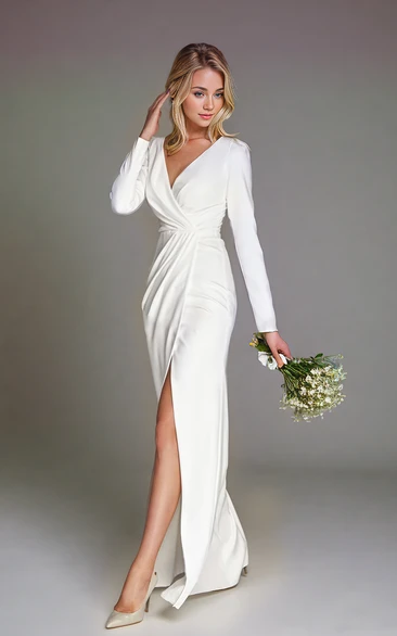 Split Sexy Simple Floor-length Long Sleeve V-neck Sheath Reception Wedding Bride Dress Zipper Back