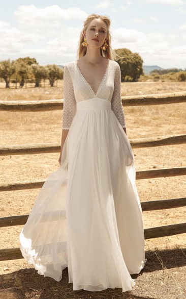 Chiffon 3/4 Sleeve With Lace Top And Deep V-back Ethereal Plunging Wedding Dress