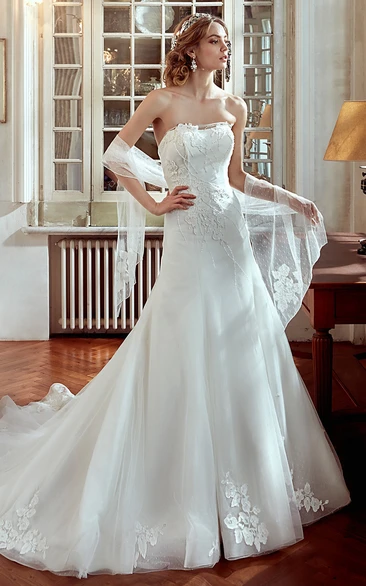 Strapless Wedding Dress With Beaded Appliques and Brush Train  