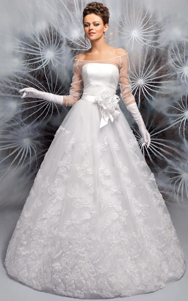 A-Line Floral Long Sleeve Off-The-Shoulder Tulle Wedding Dress