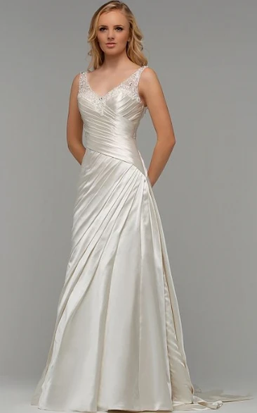 Floor-Length V-Neck Ruched Satin Wedding Dress With Brush Train And Lace Up