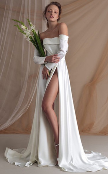 Sexy Satin A Line Floor-length Long Sleeve Off-the-shoulder Wedding Dress with Ruching