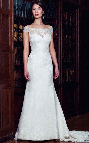 Sheath Long Cap-Sleeve Off-The-Shoulder Lace Wedding Dress With Appliques And V Back
