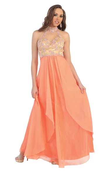 A-Line High Neck Sleeveless Chiffon Keyhole Dress With Appliques And Pleats