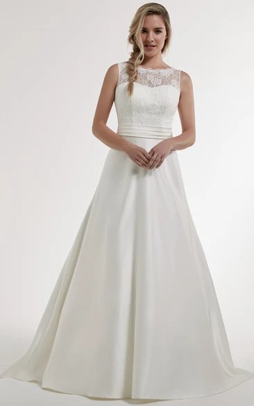 A-Line Bateau Lace Sleeveless Maxi Satin Wedding Dress With Illusion Back And Court Train