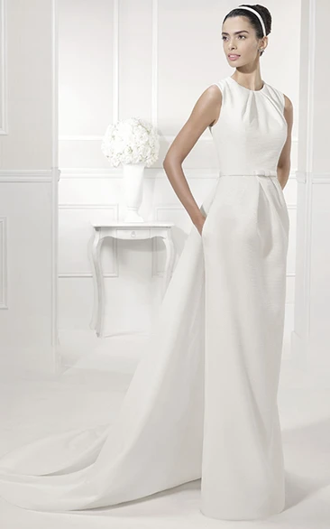 High Neck Sleeveless Sheath Bridal Gown With Belt