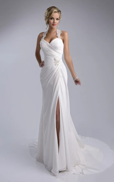 Ruched Sheath Chiffon Wedding Dress Featuring Halter And Side Slit