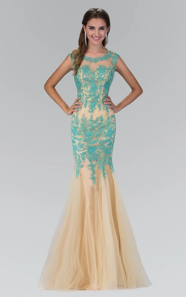 Mermaid Maxi Scoop-Neck Sleeveless Tulle Illusion Dress With Appliques