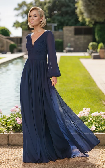 Long Sleeve Pleats V-neck A-LineVintage Elegant Chiffon Tall Woman Floor-length Prom Evening Dress with Zipper Back