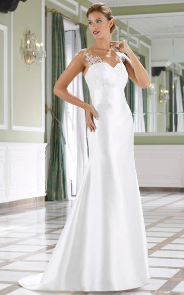 Sheath Sleeveless Bateau Floor-Length Satin&Lace Wedding Dress With Low-V Back