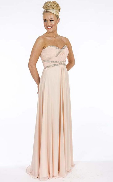 A-Line Empire Sleeveless Floor-Length Sweetheart Beaded Chiffon Prom Dress With Lace-Up Back And Criss Cross