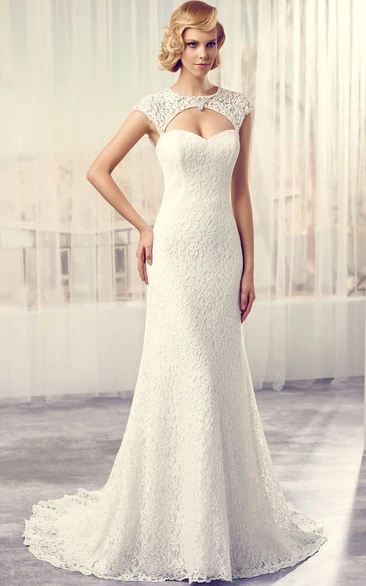 Scoop Floor-Length Cap-Sleeve Lace Wedding Dress With Court Train And Keyhole