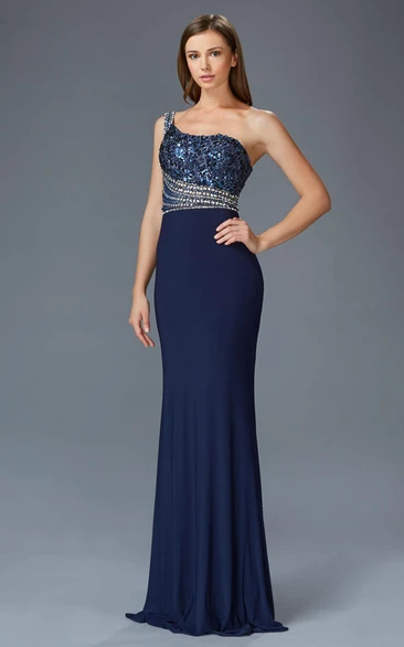 Sheath One-Shoulder Sleeveless Jersey Dress With Sequins And Beading