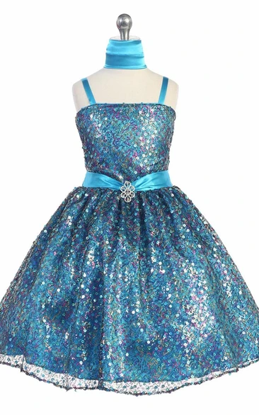 Cape Tea-Length Beaded Tiered Sequins&Satin Flower Girl Dress With Ribbon