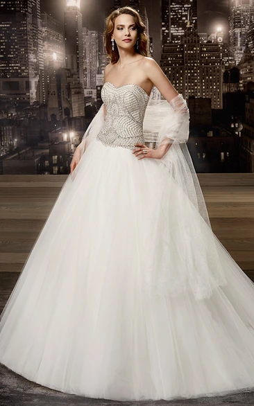 Strapless Beaded-Corset A-line Wedding Gown with Brush Train 