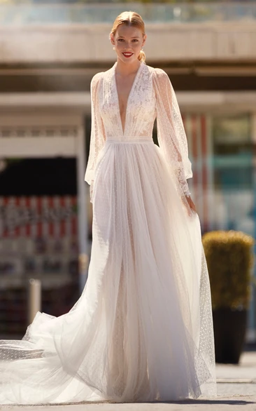 Bohemian Tulle Beach Wedding Dress A-Line V-neck with Illusion and Keyhole Back