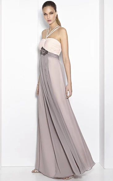 Sheath Strapped Empire Sleeveless Floor-Length Ruched Prom Dress With Waist Jewellery