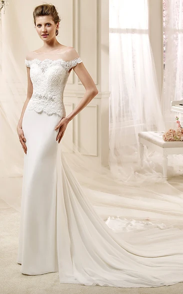 Jewel-neck Beaded Wedding Dress with Lace Bodice and Satin Skirt