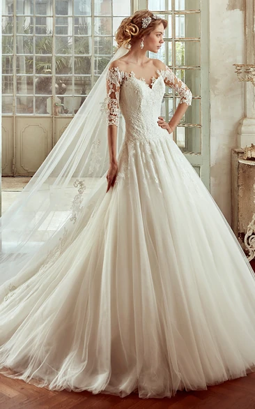 Wedding dress lace top sleeves tulle skirt