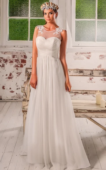 Floor-Length Scoop Pleated Criss-Cross Tulle Wedding Dress With Appliques