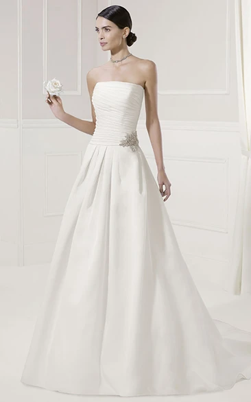 Strapless Ruched A-Line Bridal Gown With Removable Long-Sleeve Lace Jacket