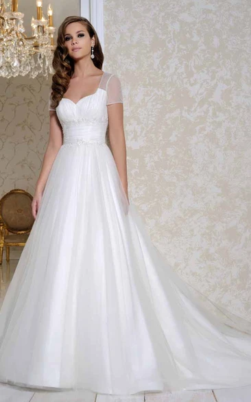 Maxi Square Ruched Short-Sleeve Organza Wedding Dress With Court Train And Keyhole