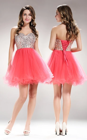 A-Line Short Sweetheart Sleeveless Tulle Lace-Up Dress With Beading And Ruffles