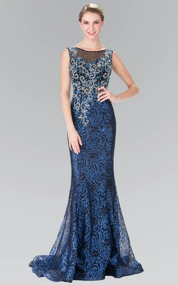 Sheath Maxi Scoop-Neck Sleeveless Sequins Low-V Back Dress With Lace And Beading