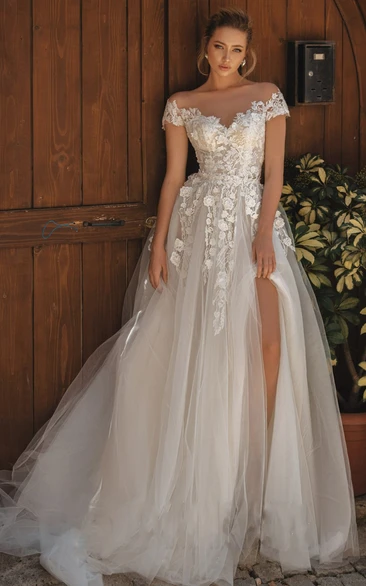 Romantic A Line Lace Off-the-shoulder Brush Train Short Sleeve Wedding Dress With Appliques