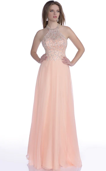 Beaded Corset Chiffon A-Line Prom Dress With Shining Halter
