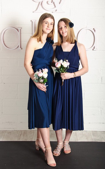 Sexy Tea-length A Line Jersey Bridesmaid Dress With Halter Neck And Straps Back 