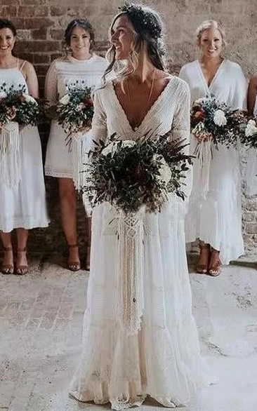Bohemian Lace V-Neck Wedding Dress with Illusion Sleeves Sexy Beach Garden Style