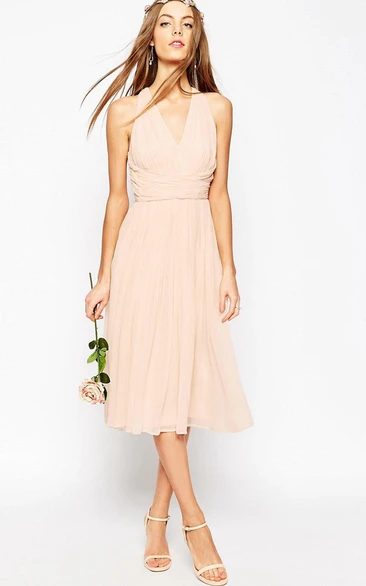 V-Neck Tea-Length Pleated Sleeveless Chiffon Bridesmaid Dress With Ruching And Straps