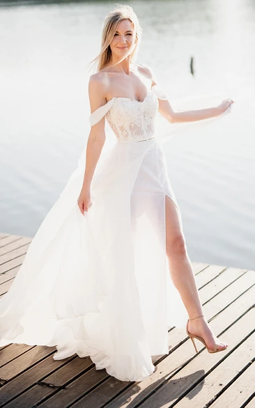 Two Piece Lace Wedding Dress with Cross Back Front Split Romantic Bridal Dress
