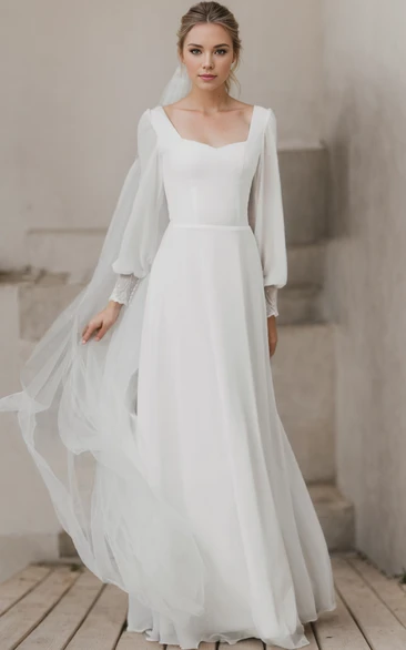 Casual Romantic Elegant A-Line Long Sleeve Satin Wedding Dress with Floor Length and Button Zipper Back
