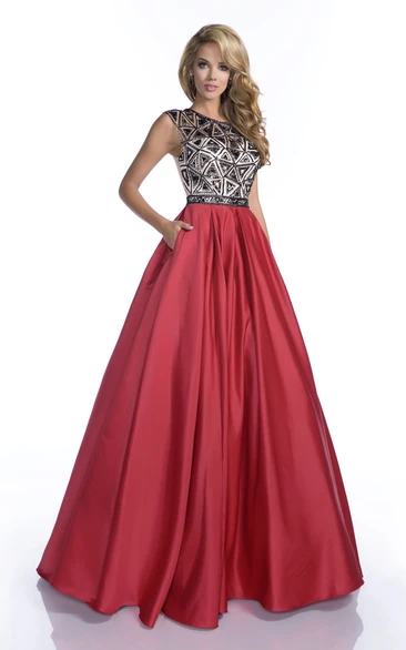 Sophisticated A-Line Satin Cap Sleeve Gown With Beaded Bodice