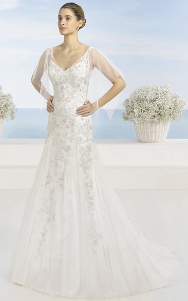 A-Line Beaded V-Neck Floor-Length Tulle Wedding Dress With Cape And Low-V Back