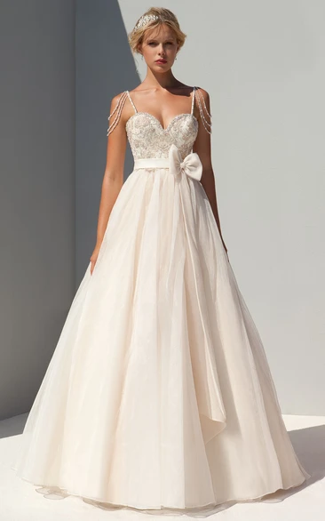 A-Line Beaded Maxi Spaghetti Sleeveless Tulle Wedding Dress With Bow